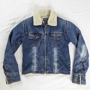 Y2k Denim Sherpa Lined Zip Up Bleached Detail Trucker Jacket Gimore Girls